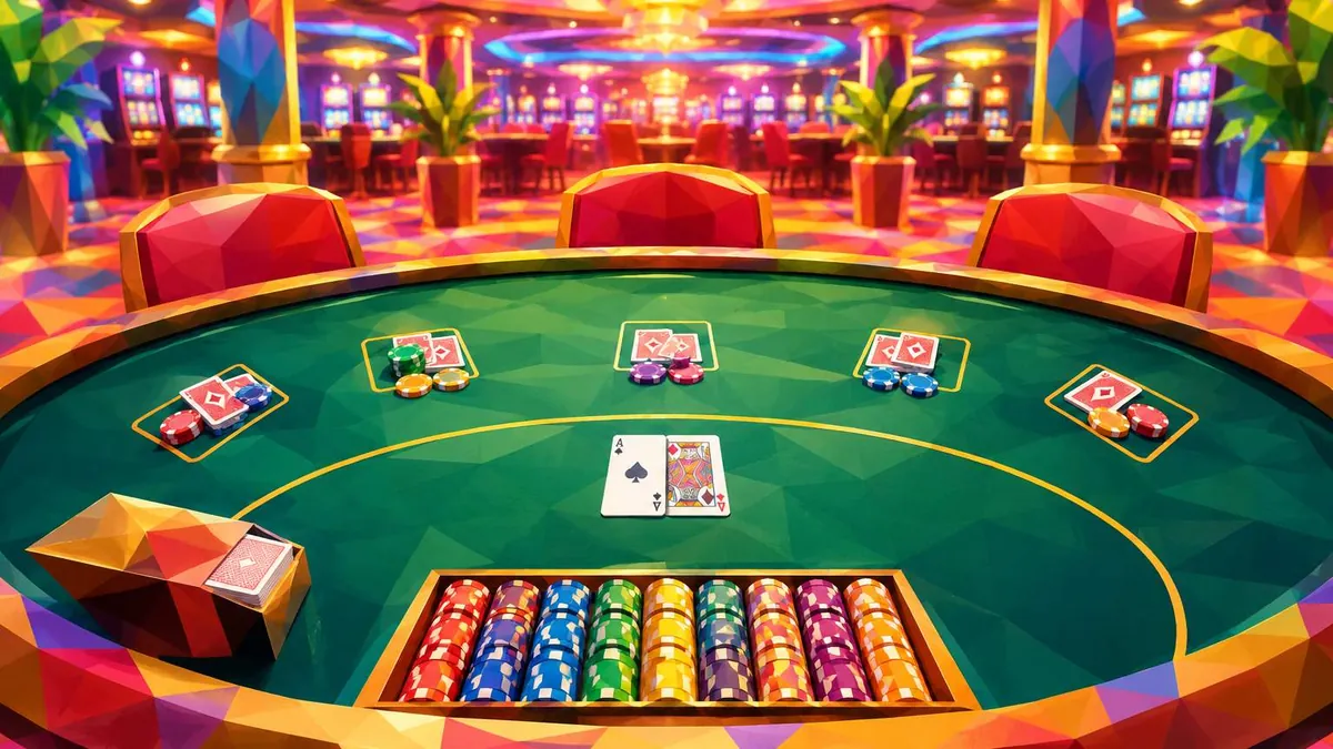 Meja permainan kasino dengan dealer bergaya low poly sebagai ilustrasi papan odds pasar spesial